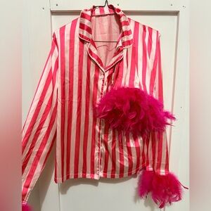 Amazon Pink and White Striped Pajama Top with Feather Trim